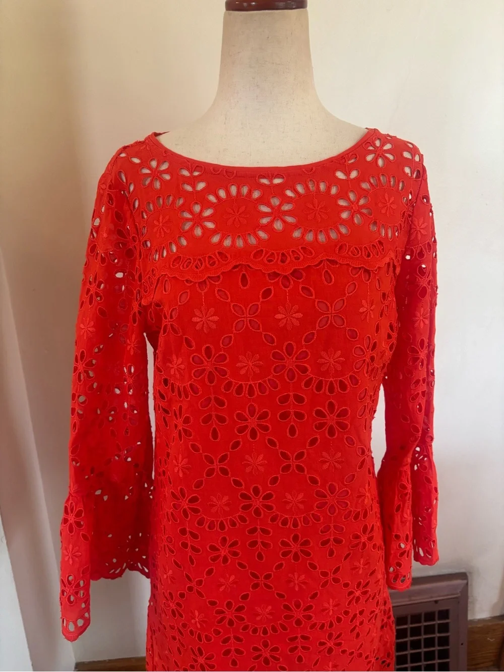 J Crew Bell Sleeve Eyelet Dress Brilliant Flame Size 4
